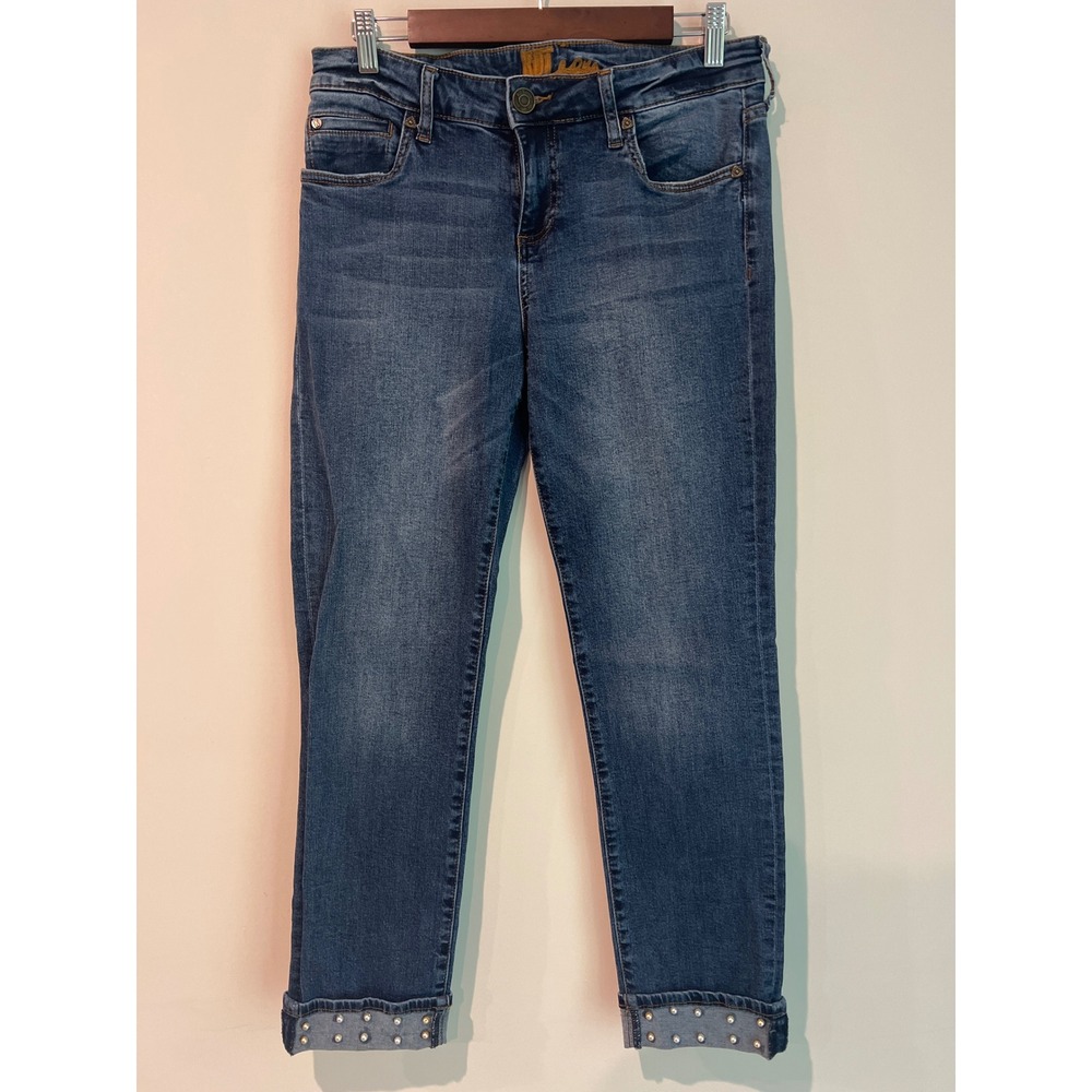 Kut from the Kloth Womens Blue Pearl Studded Cuff Slim‎ Jeans Size 8 Western
